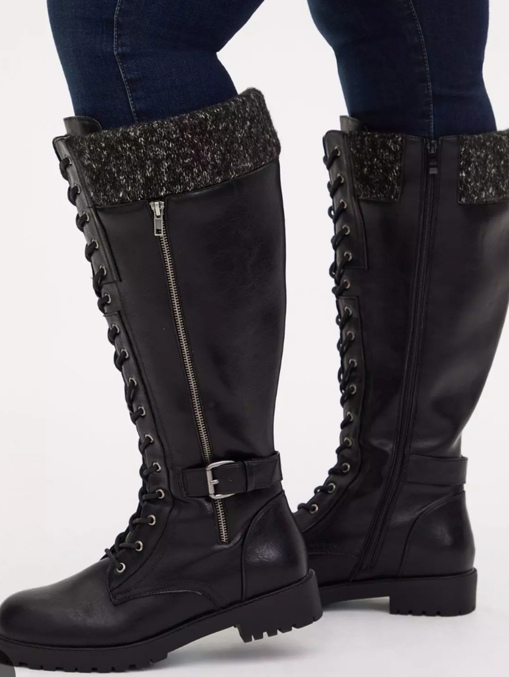 Torrid Solid Black Combat Moto Black Faux Fur Knee High S8 Sweater Trimmed Boots